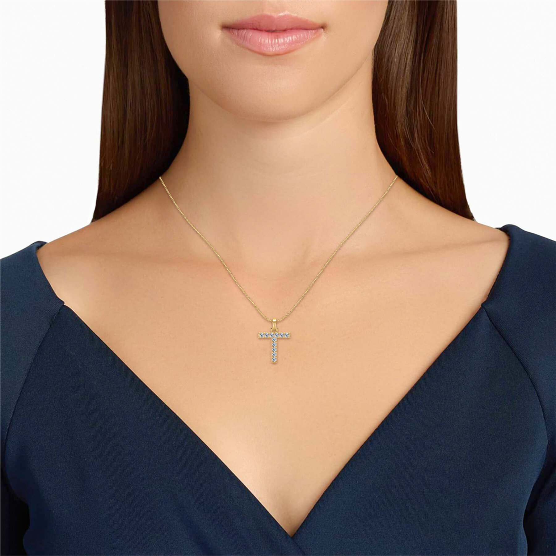 Modern T Letter Pendant In Round Cut Diamonds