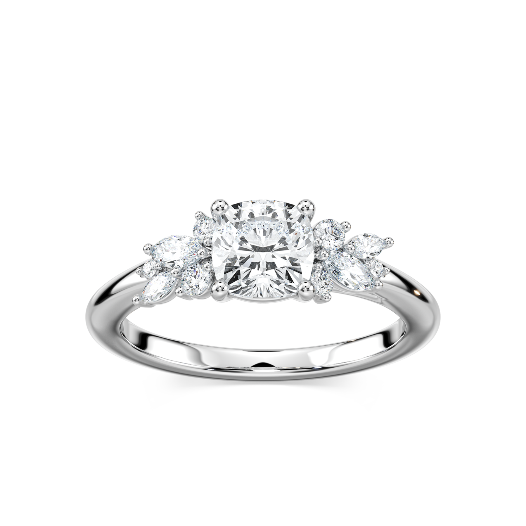 1 Carat Square Cushion Diamond Clover Side Stone Ring