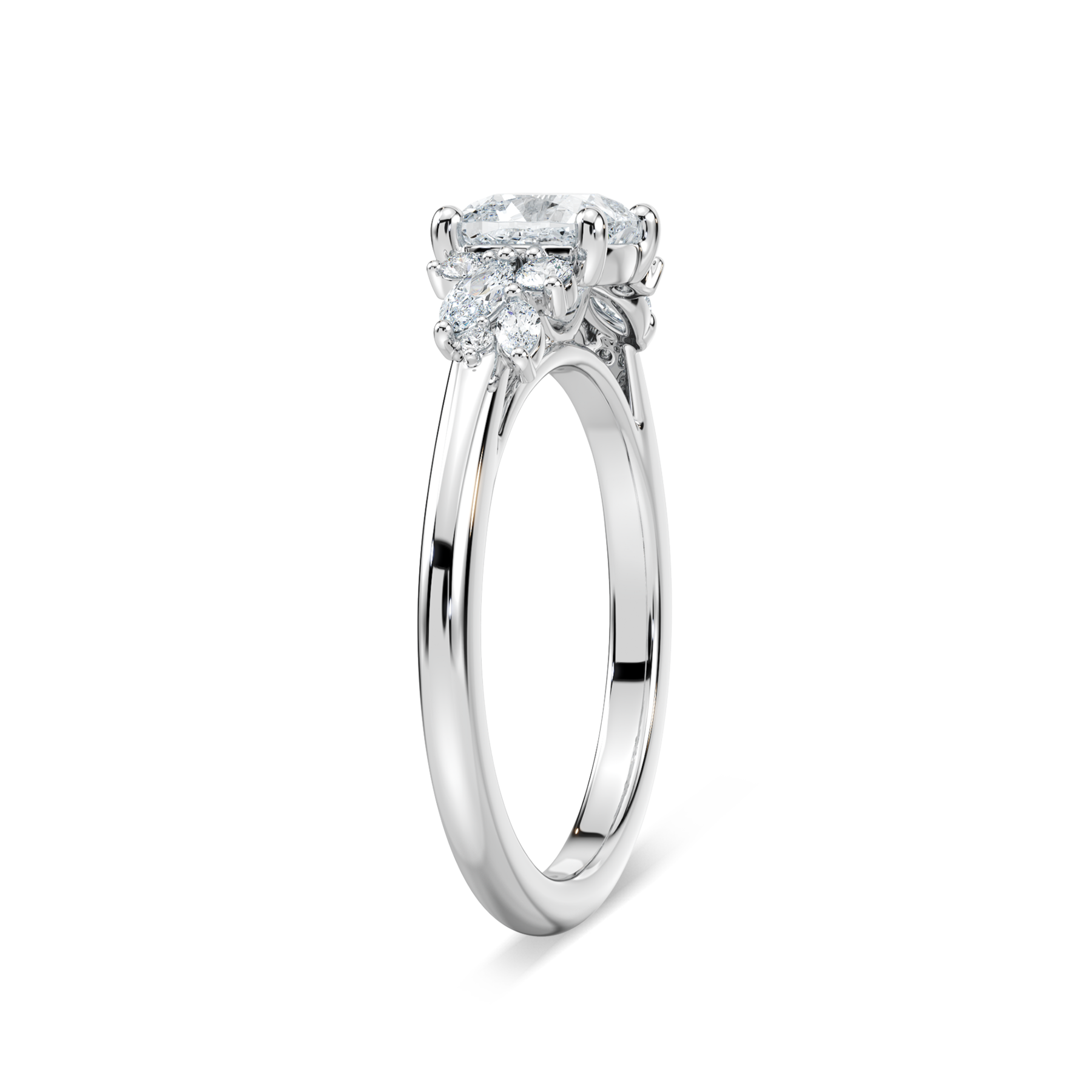 1 Carat Square Cushion Diamond Clover Side Stone Ring