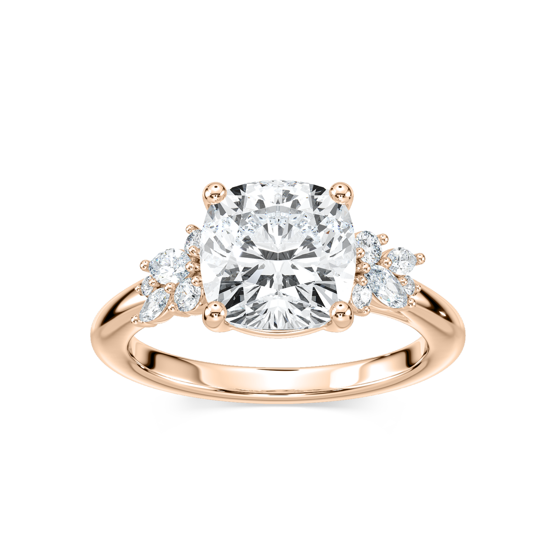 2 Carat Square Cushion Diamond Clover Side Stone Ring