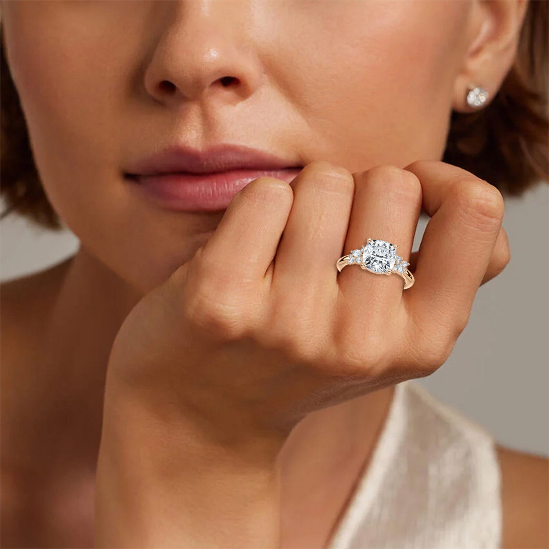 2 Carat Square Cushion Diamond Clover Side Stone Ring