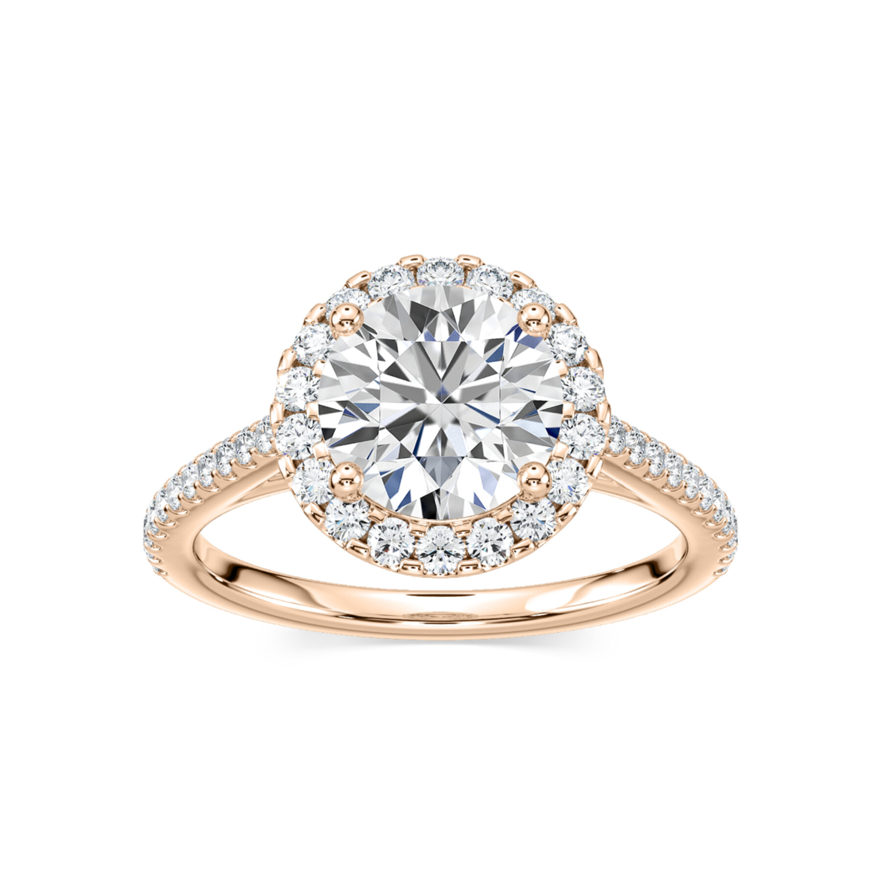 rose gold round diamond halo ring with side stones