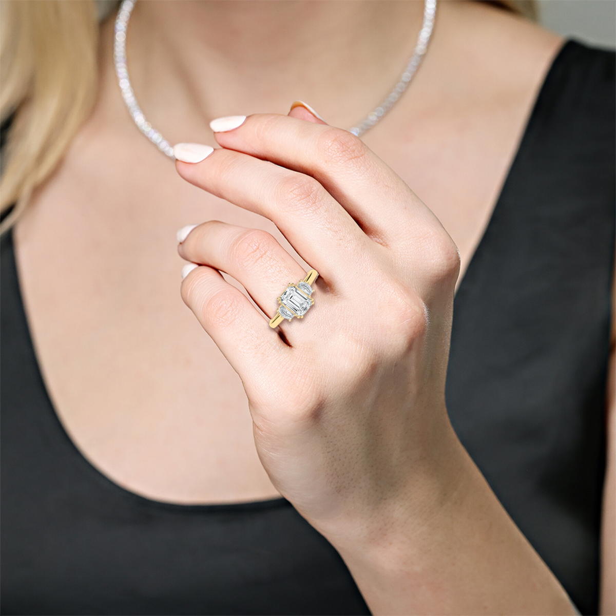 2 Carat Emerald Shaped Lab Diamond Three Stone Ring