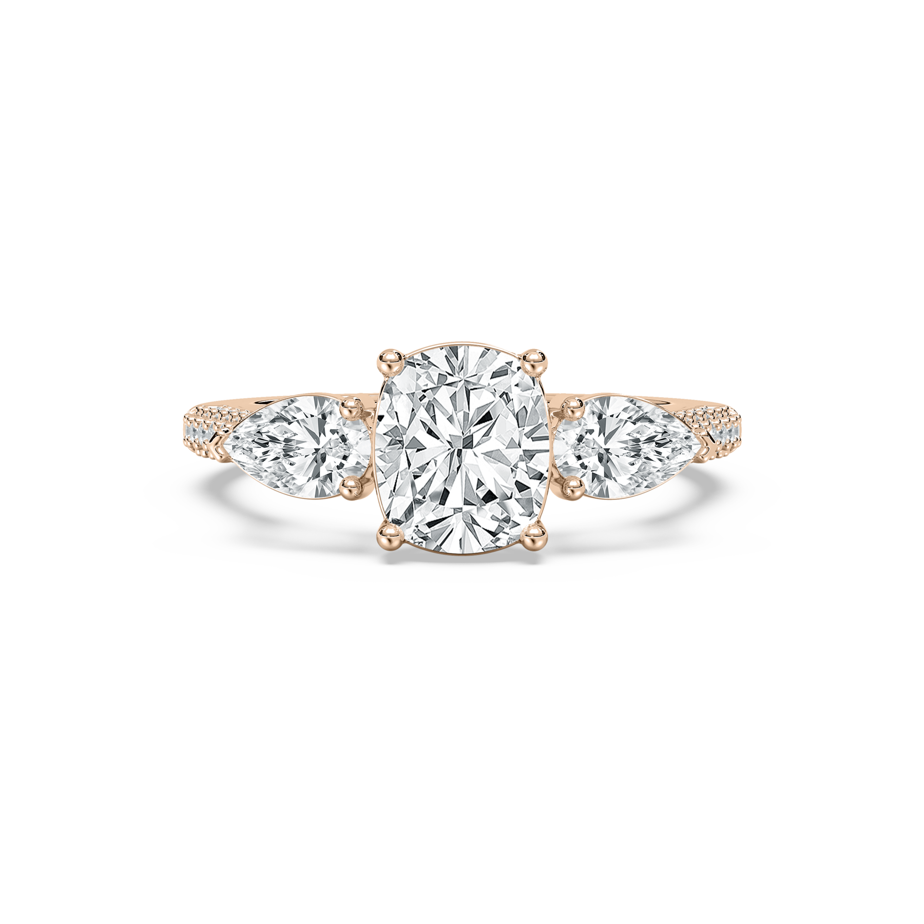 2 Carat Cushion Diamond Decadent Three Stone Ring